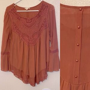 Rust copper orange mesh stretch boho crochet long sleeve blouse embroidered M